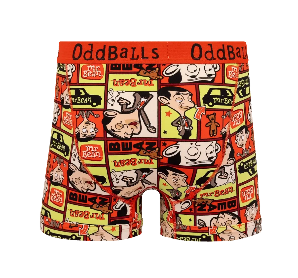 A pair of men's boxer briefs by Oddballs, featuring a vibrant cartoon collage print of Mr. Bean characters and vehicles on a red, yellow, and black background.