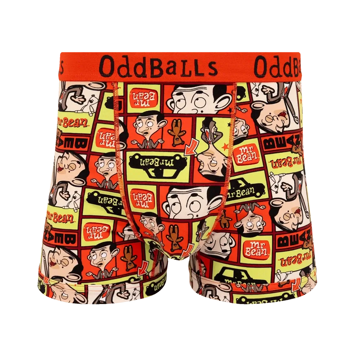 Oddballs brand boxer briefs featuring a colorful comic strip print with cartoon characters and the text 'Oddballs' on the red waistband, shown against a plain white background.
