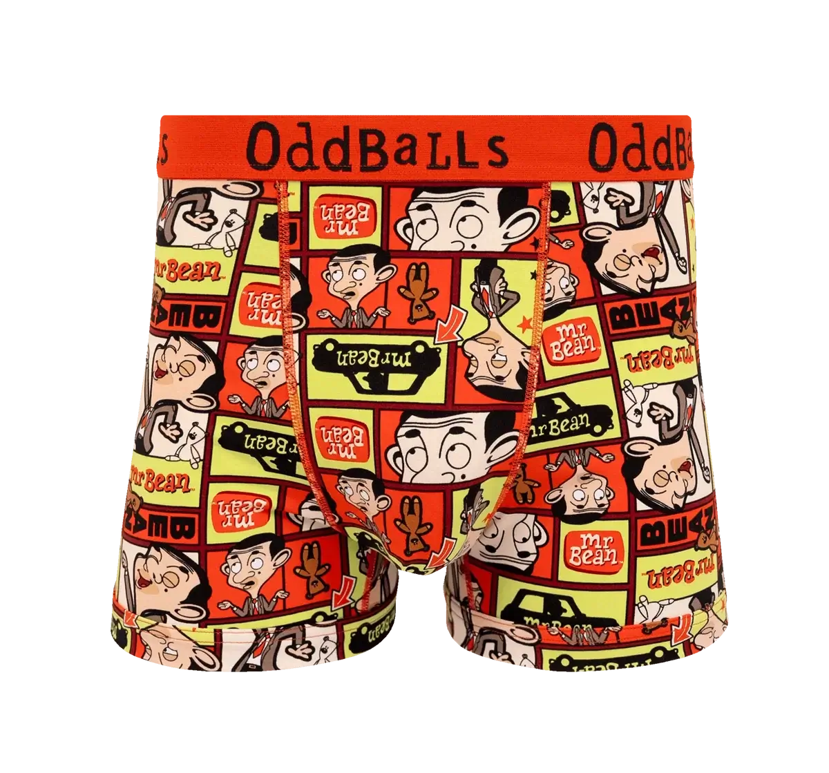 Oddballs brand boxer briefs featuring a colorful comic strip print with cartoon characters and the text 'Oddballs' on the red waistband, shown against a plain white background.