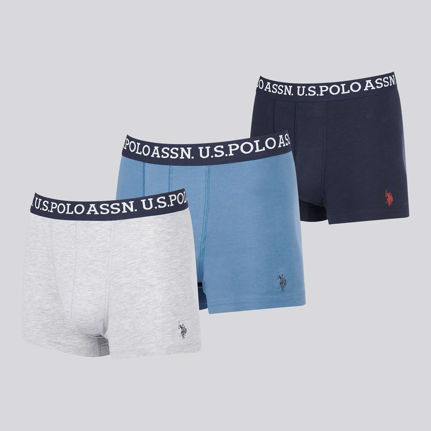 U.S. Polo Assn. 3 Pack Cotton Stretch Multi Trunks, Blue, Navy, Grey
