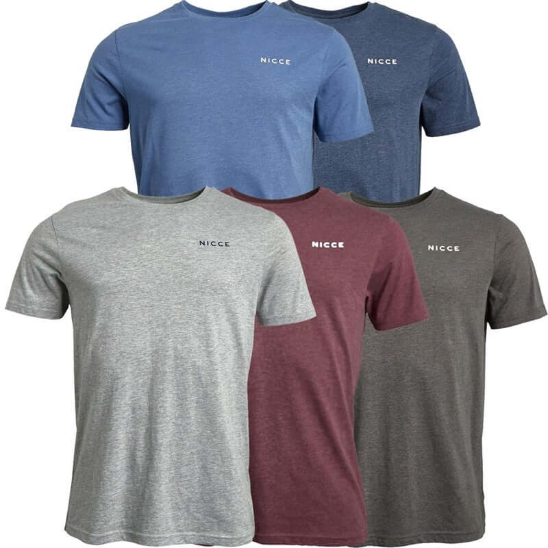 Nicce Men's 5 Pack 100% Cotton T-Shirts - Navy Marl/Grey Marl/Burgundy Marl/Charcoal/Denim
