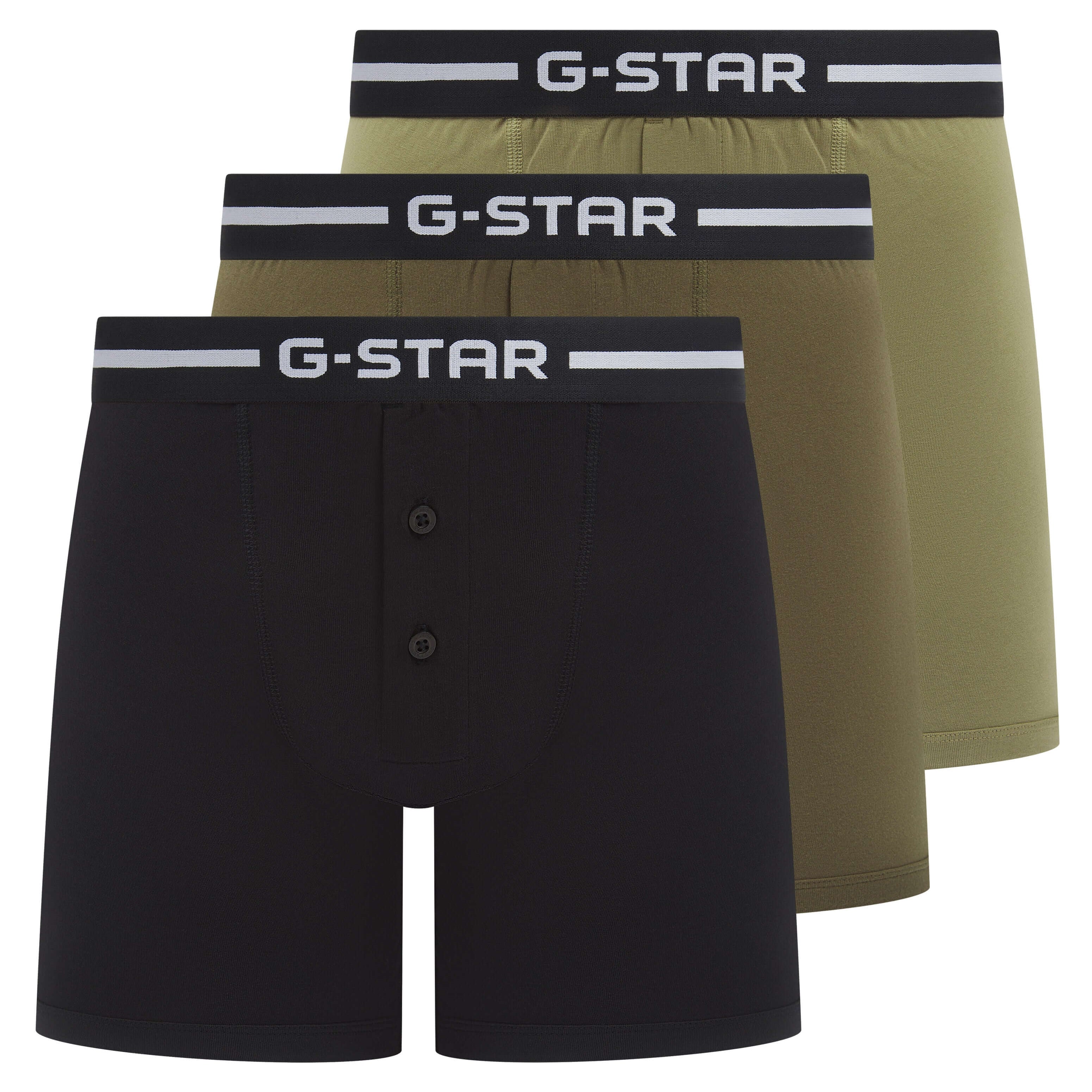 G-Star Men’s 3 Pack Button Fly Cotton Stretch Trunks – Black, Olive, Green