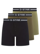G-Star Men’s 3 Pack Button Fly Cotton Stretch Trunks – Black, Olive, Green