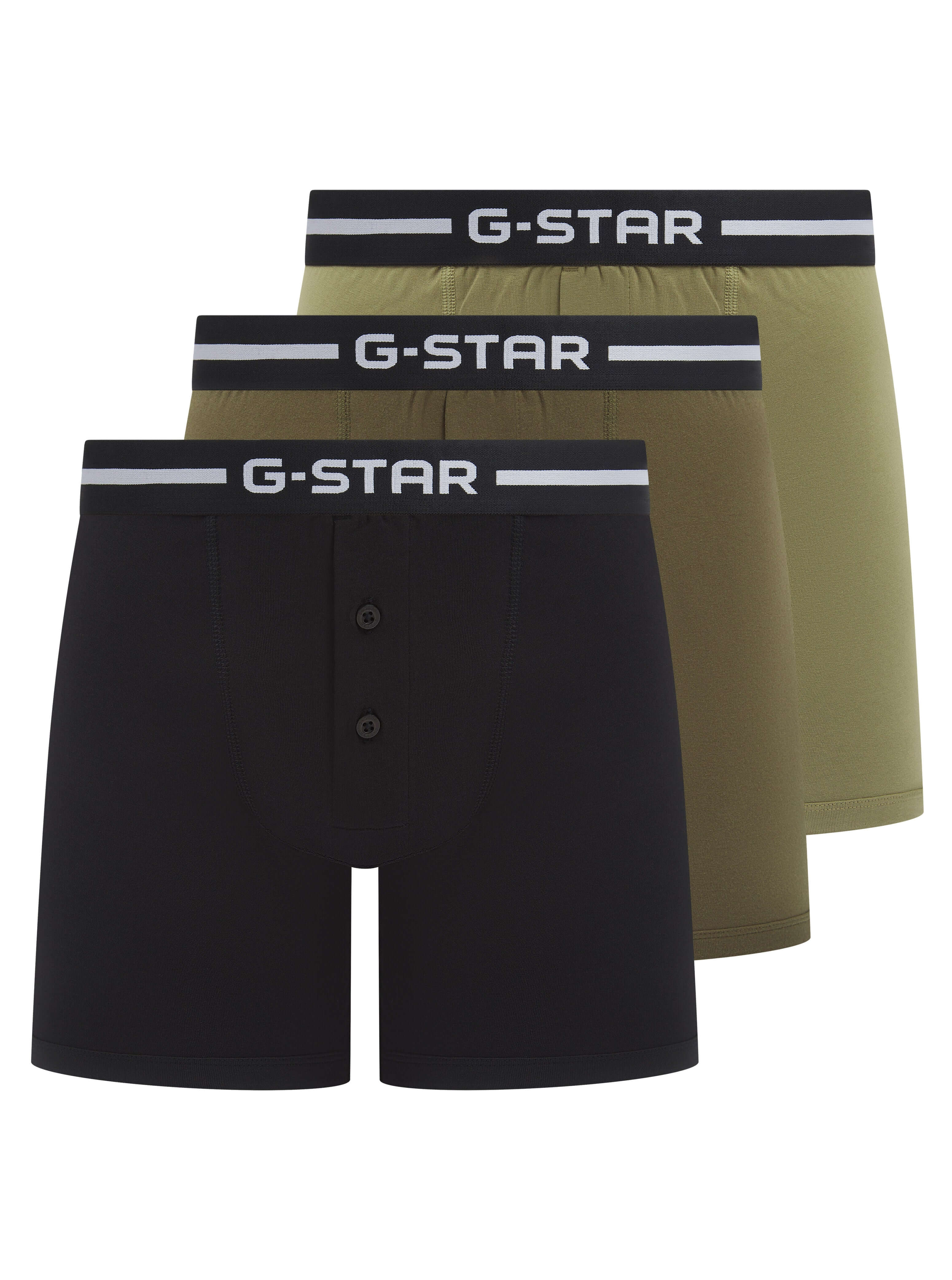 G-Star Men’s 3 Pack Button Fly Cotton Stretch Trunks – Black, Olive, Green