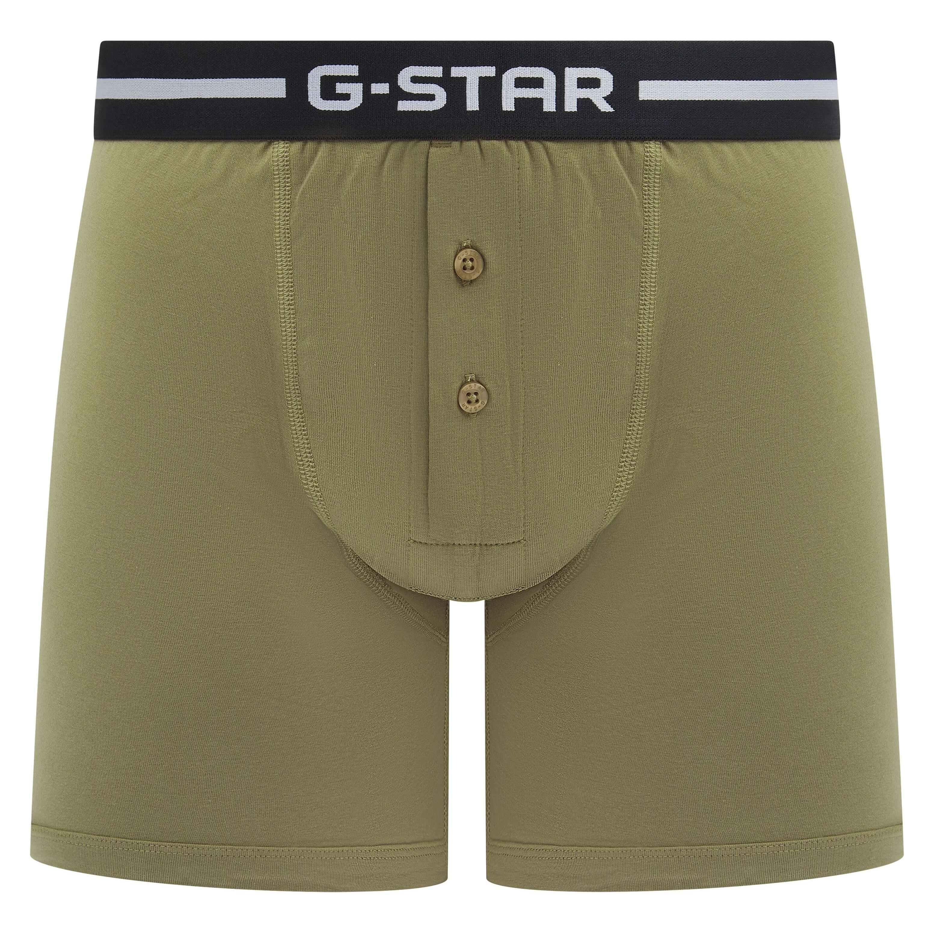 G-Star Men’s 3 Pack Button Fly Cotton Stretch Trunks – Black, Olive, Green