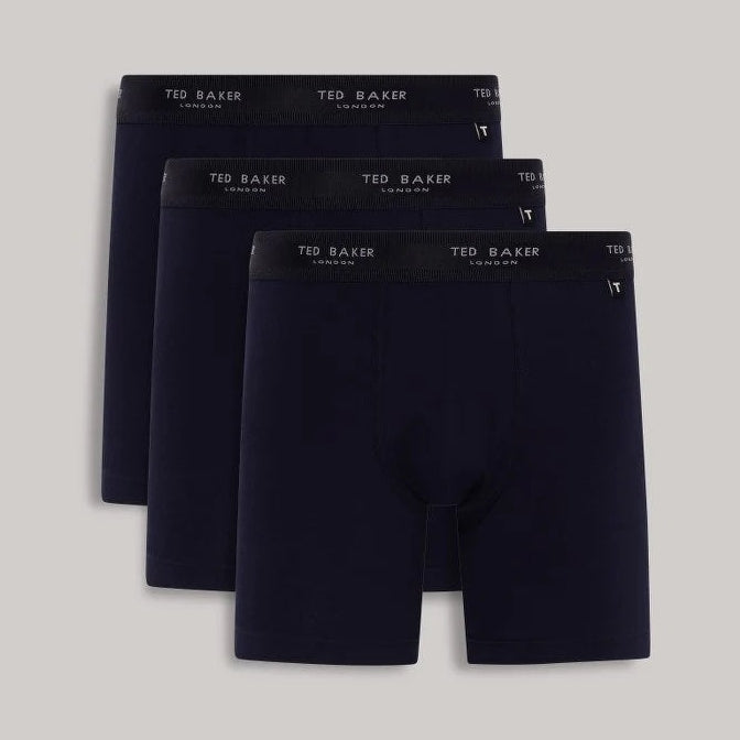 Three navy Ted Baker boxer briefs with branded waistbands