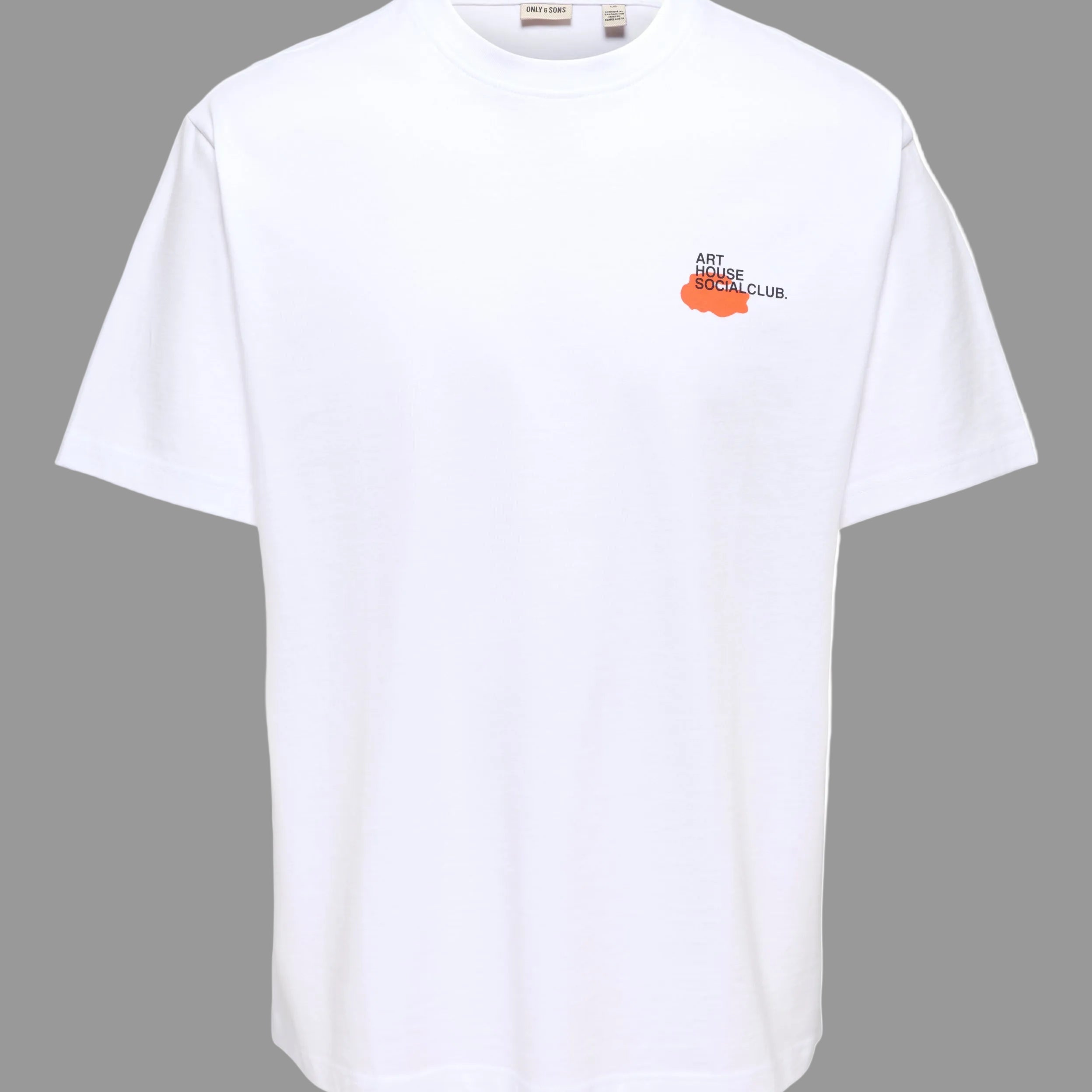 White t-shirt with a small orange logo on a white background