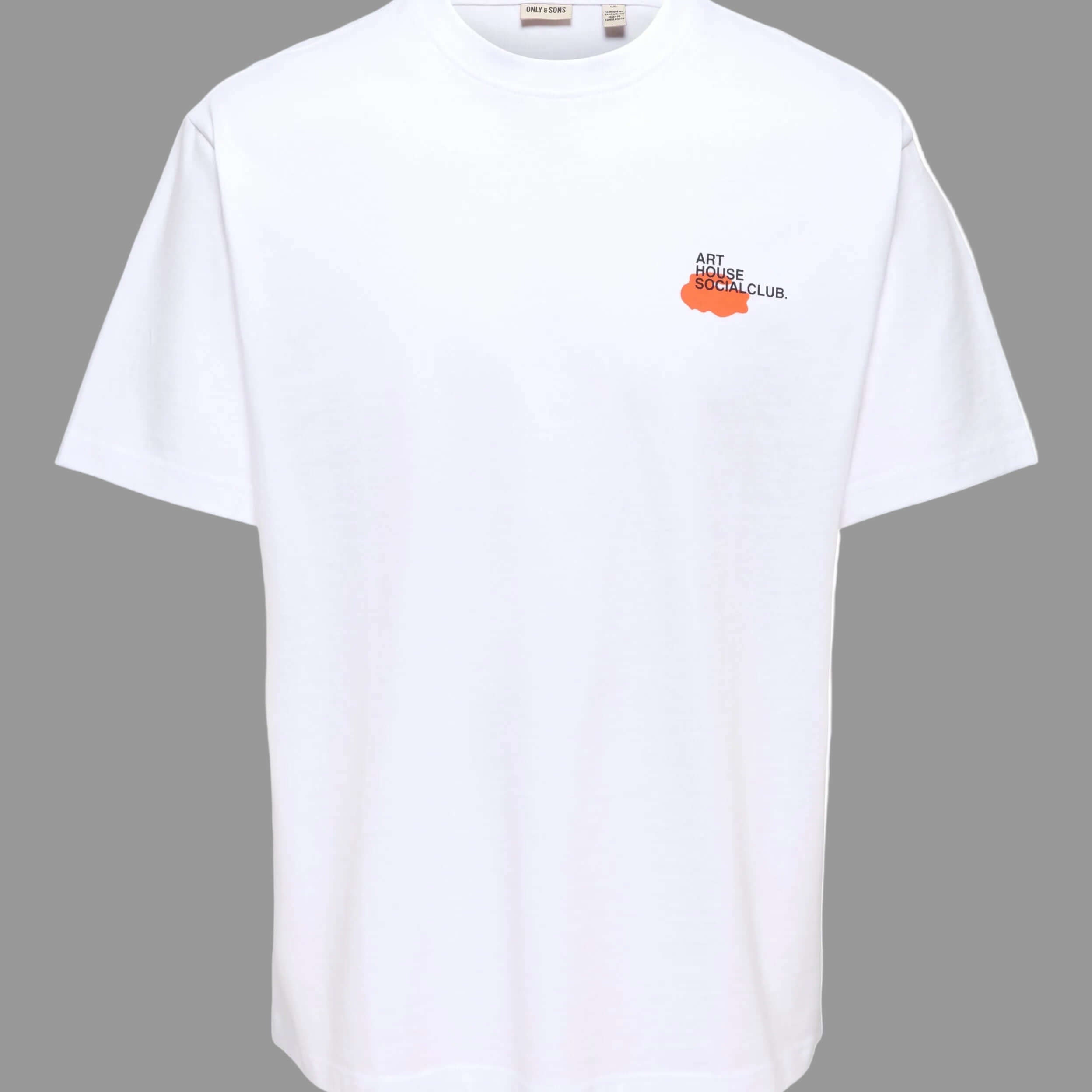 White t-shirt with a small orange logo on a white background