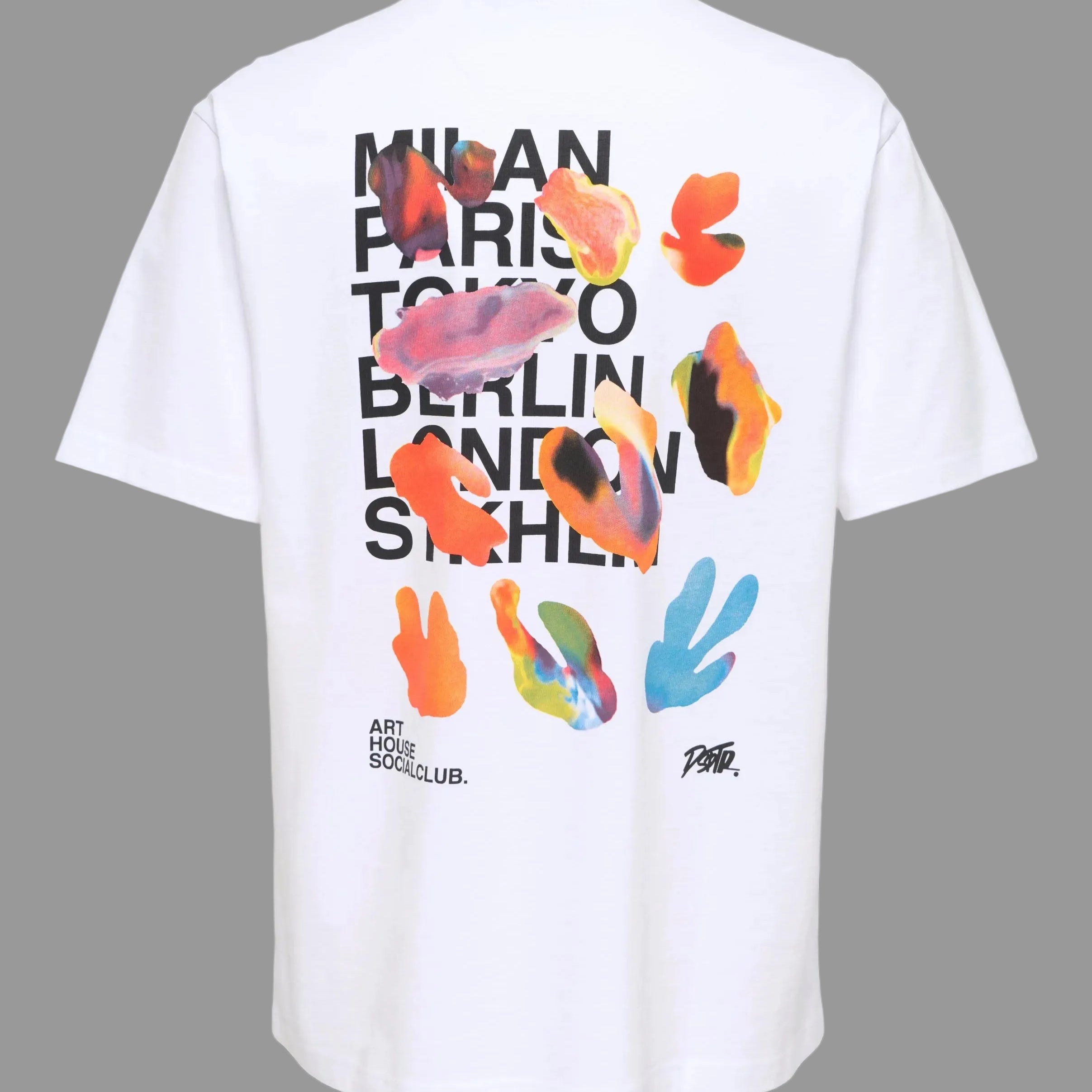 White t-shirt with colorful graphic designs and text on a white background