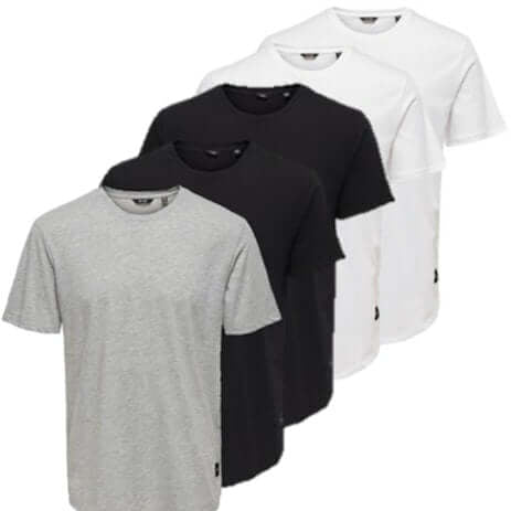 ONLY & SONS Onsmatt Longy Crew Neck Tee 5-Pack | Classic Men’s Cotton T-Shirts