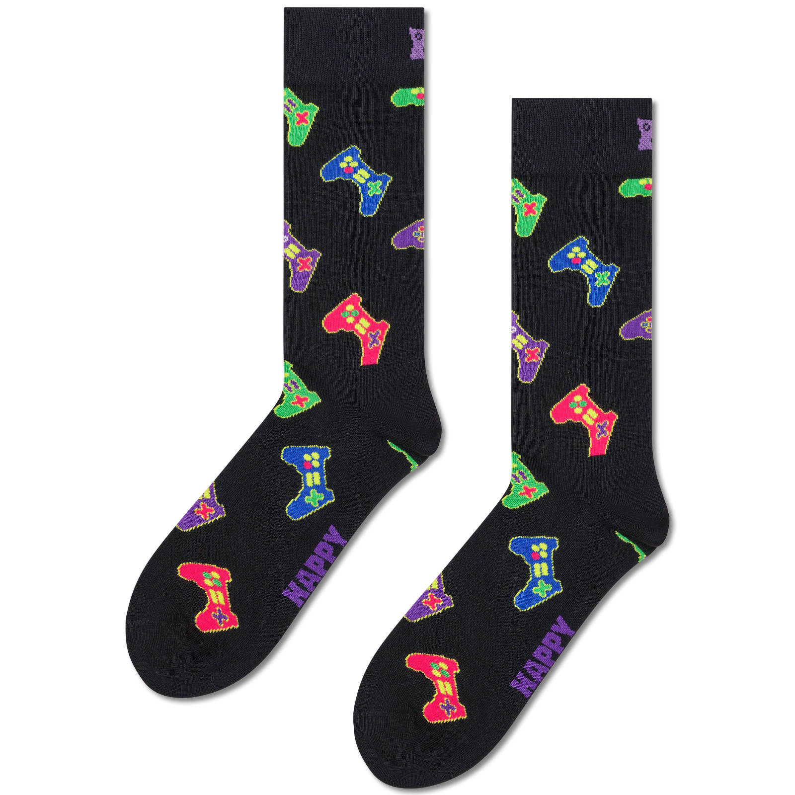 A pair of black crew socks with a colorful pattern of video game controllers and the word 'HAPPY' printed in purple, shown against a plain white background.