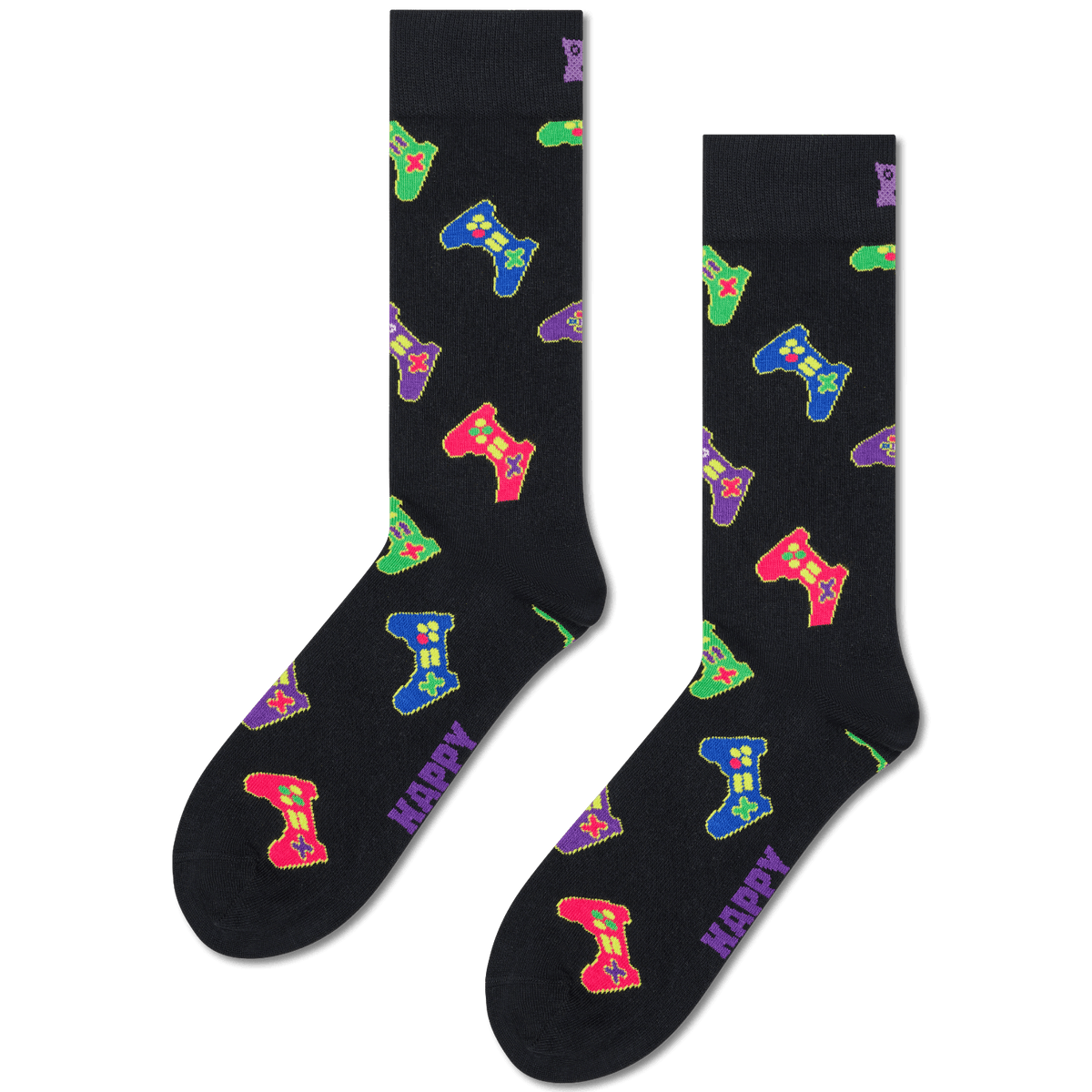 A pair of black crew socks with a colorful pattern of video game controllers and the word 'HAPPY' printed in purple, shown against a plain white background.
