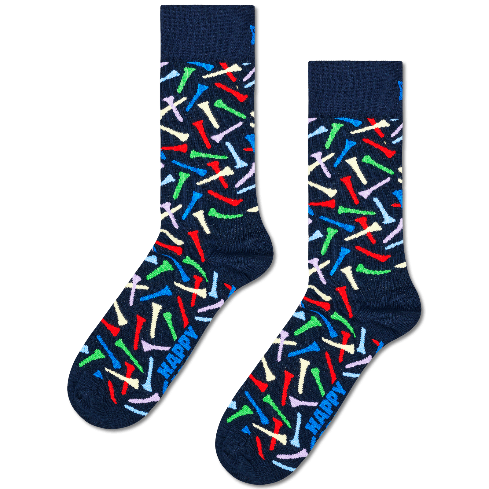 A pair of navy blue crew socks with a colorful pattern of crossed paintbrushes in red, green, blue, white, and purple, featuring the word 'HAPPY' printed in blue on the sole.