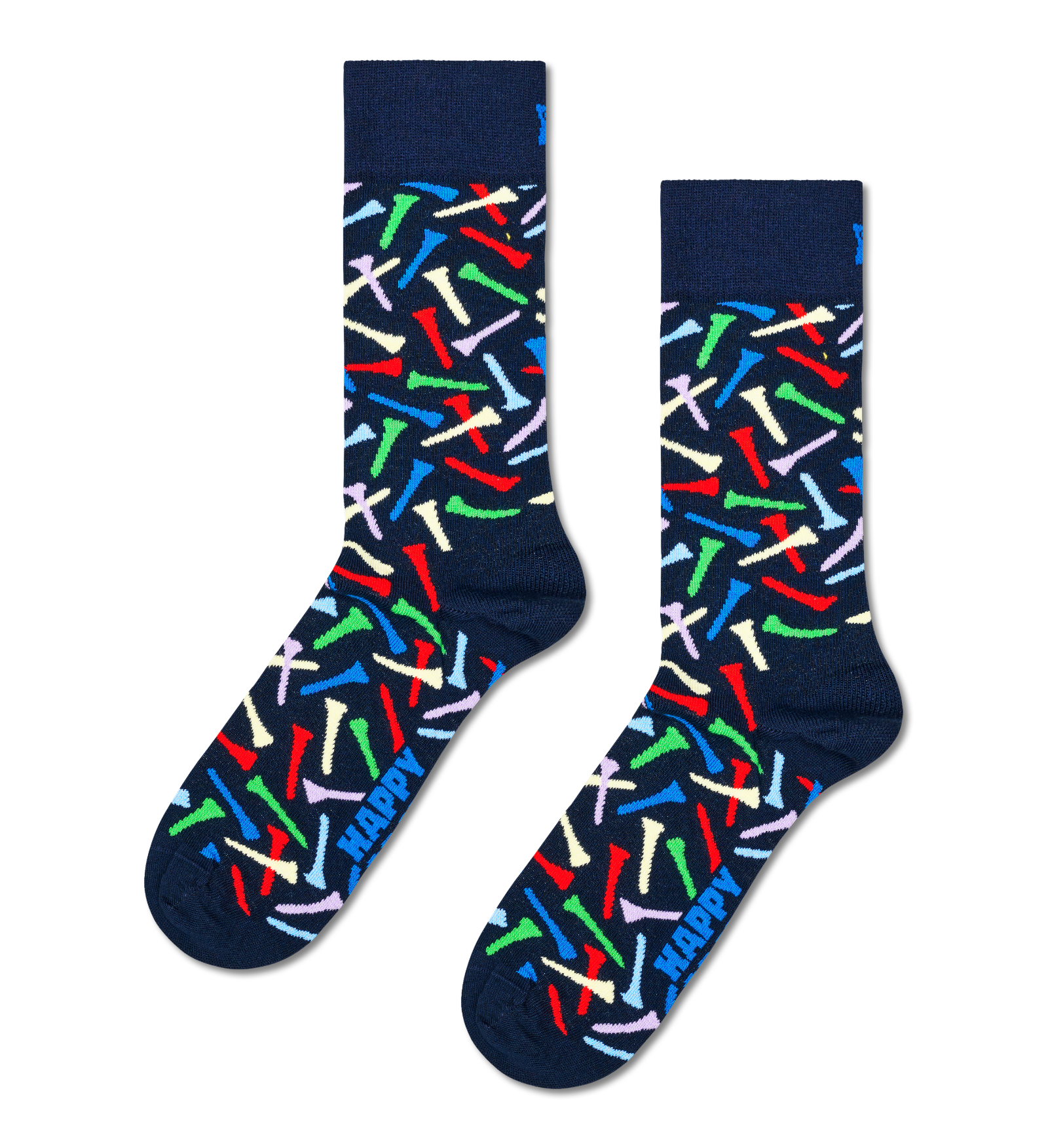A pair of navy blue crew socks with a colorful pattern of crossed paintbrushes in red, green, blue, white, and purple, featuring the word 'HAPPY' printed in blue on the sole.