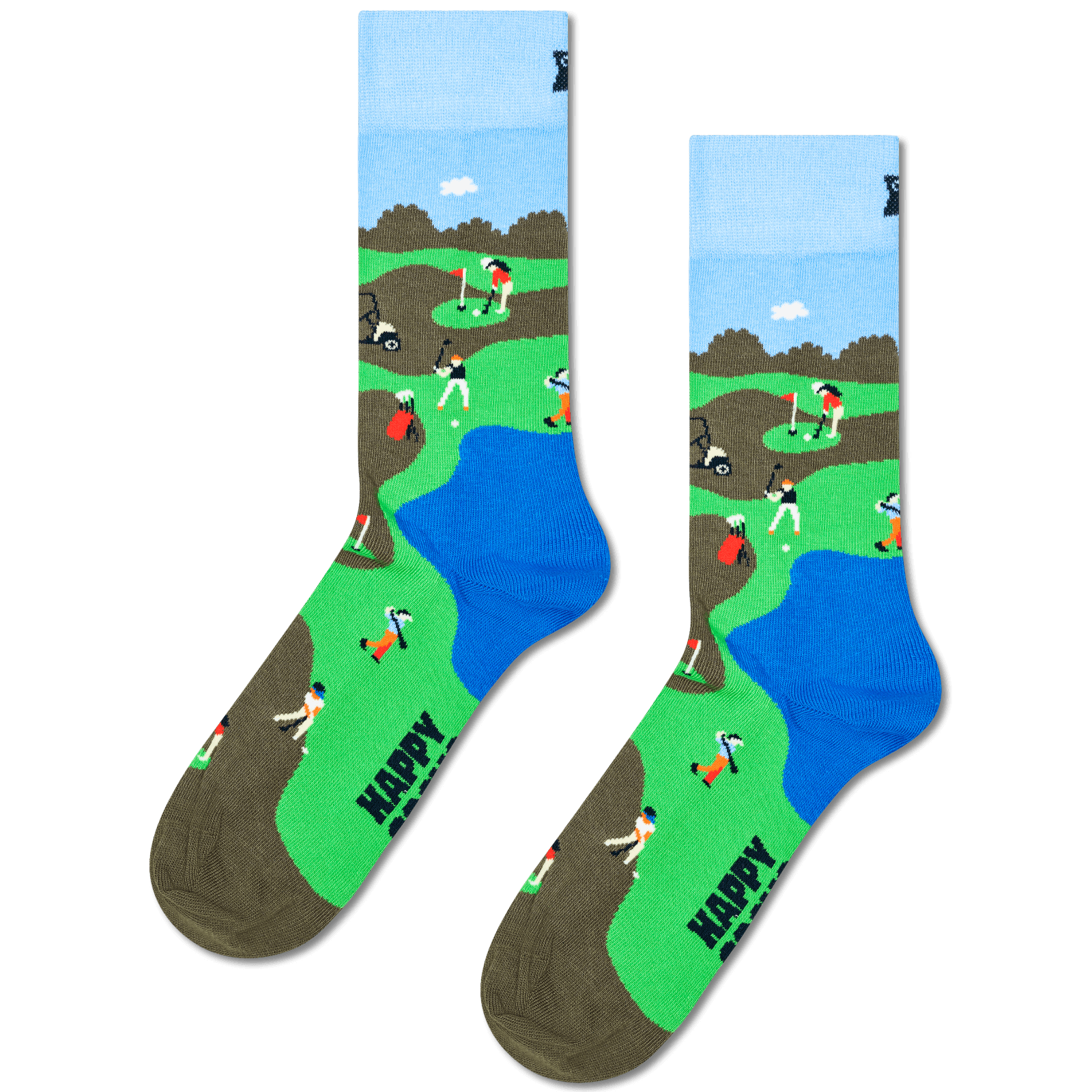 A pair of crew socks with a colorful golf course landscape print, featuring green fairways, blue water, brown sand bunkers, and cartoon golfers. The word 'HAPPY' is printed in black on the toes, and a small black logo is visible near the top cuffs.