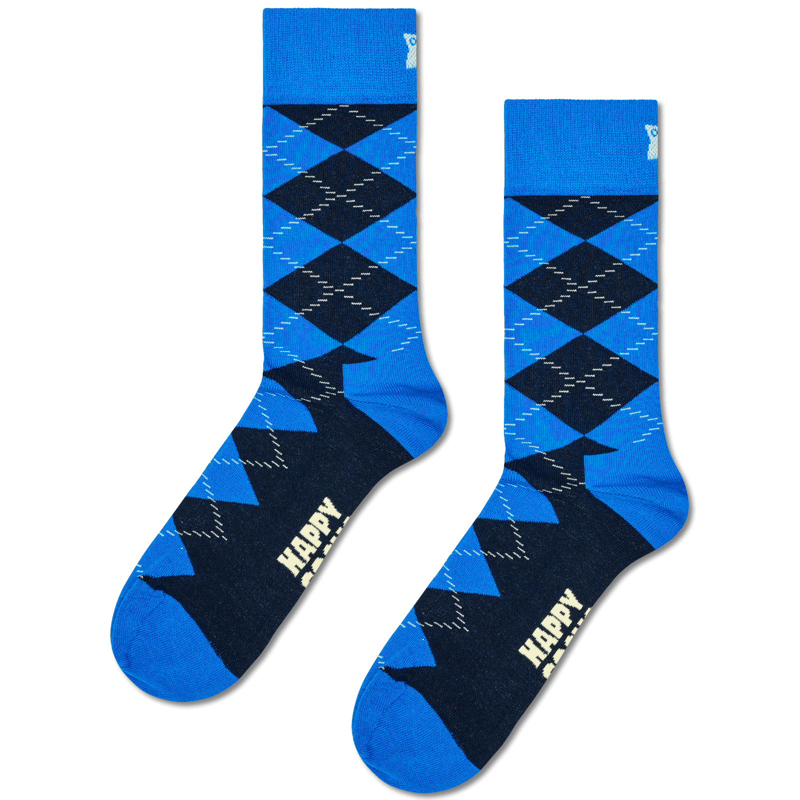 A pair of crew socks with a blue and navy argyle pattern, featuring a solid blue cuff, toe, and heel, and the word 'HAPPY' printed in white on the sole.