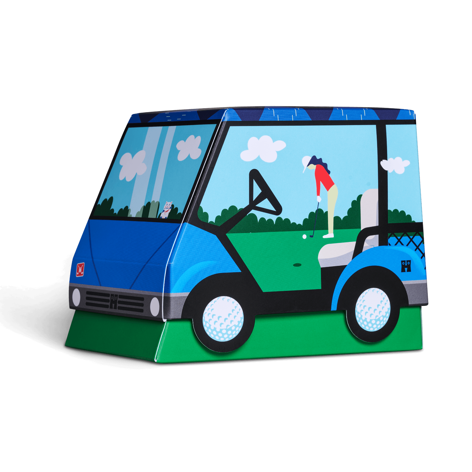 A colorful paper toy or model shaped like a golf cart, shown on a plain white background. The front features a blue face with white headlights, and the sides show a blue cart with green interior details, a driver figure, and a golfer standing nearby. Happy Socks Gift Socks