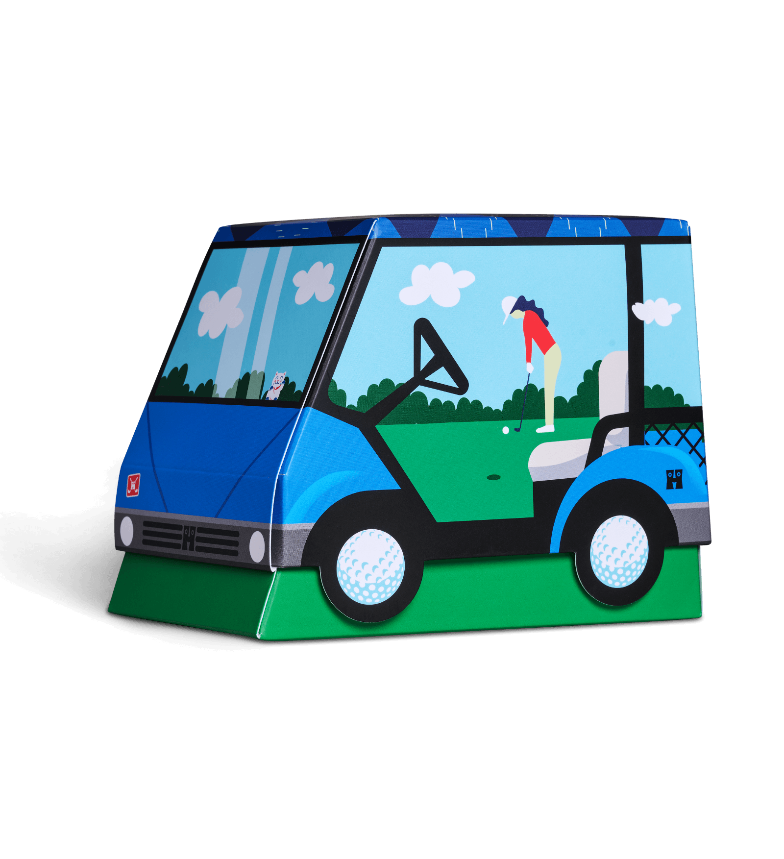 A colorful paper toy or model shaped like a golf cart, shown on a plain white background. The front features a blue face with white headlights, and the sides show a blue cart with green interior details, a driver figure, and a golfer standing nearby. Happy Socks Gift Socks