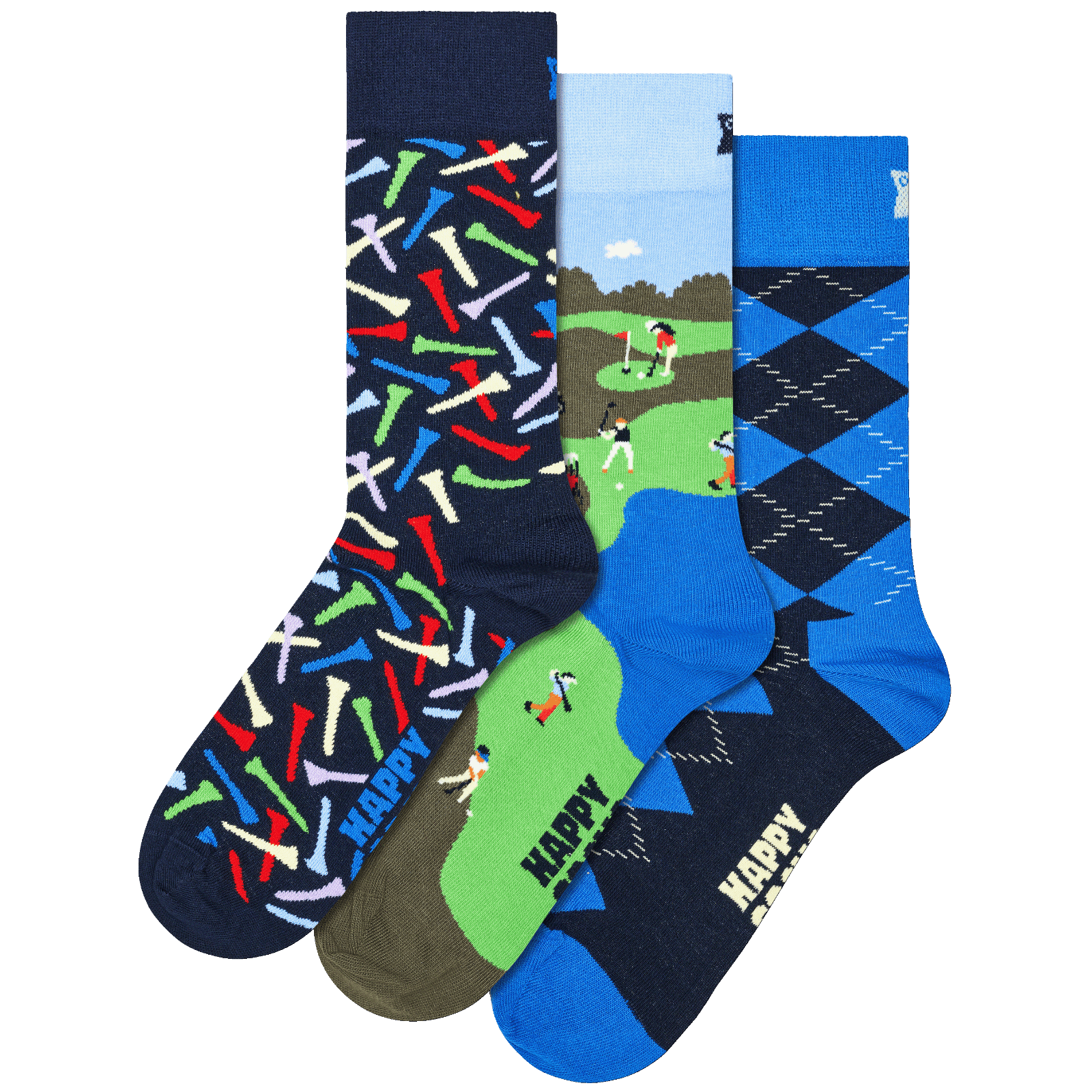 Three pairs of novelty golf socks displayed together on a white background. The left pair has a navy base with colorful golf club patterns, the middle pair features a golf course landscape with a golfer, and the right pair has a blue and navy argyle pattern with 'HAPPY GOLF' text.