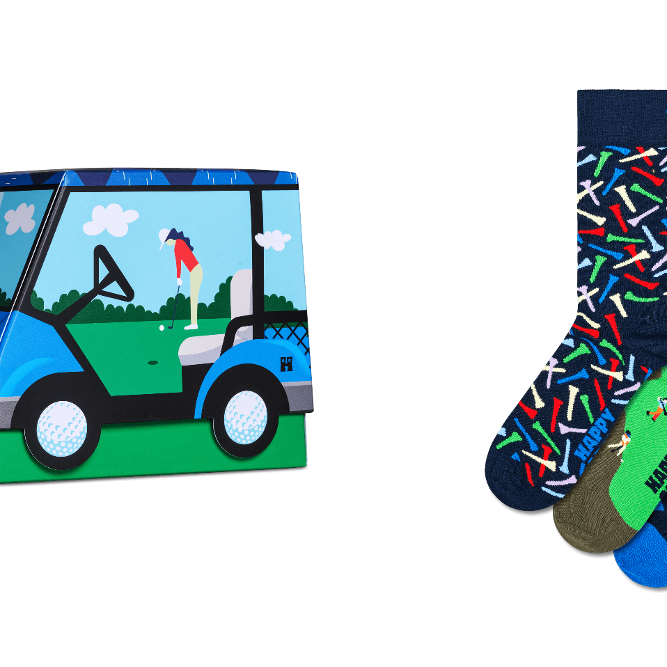 A golf-themed product display featuring a blue and green golf cart box on the left and a set of four patterned crew socks on the right, all on a plain white background.