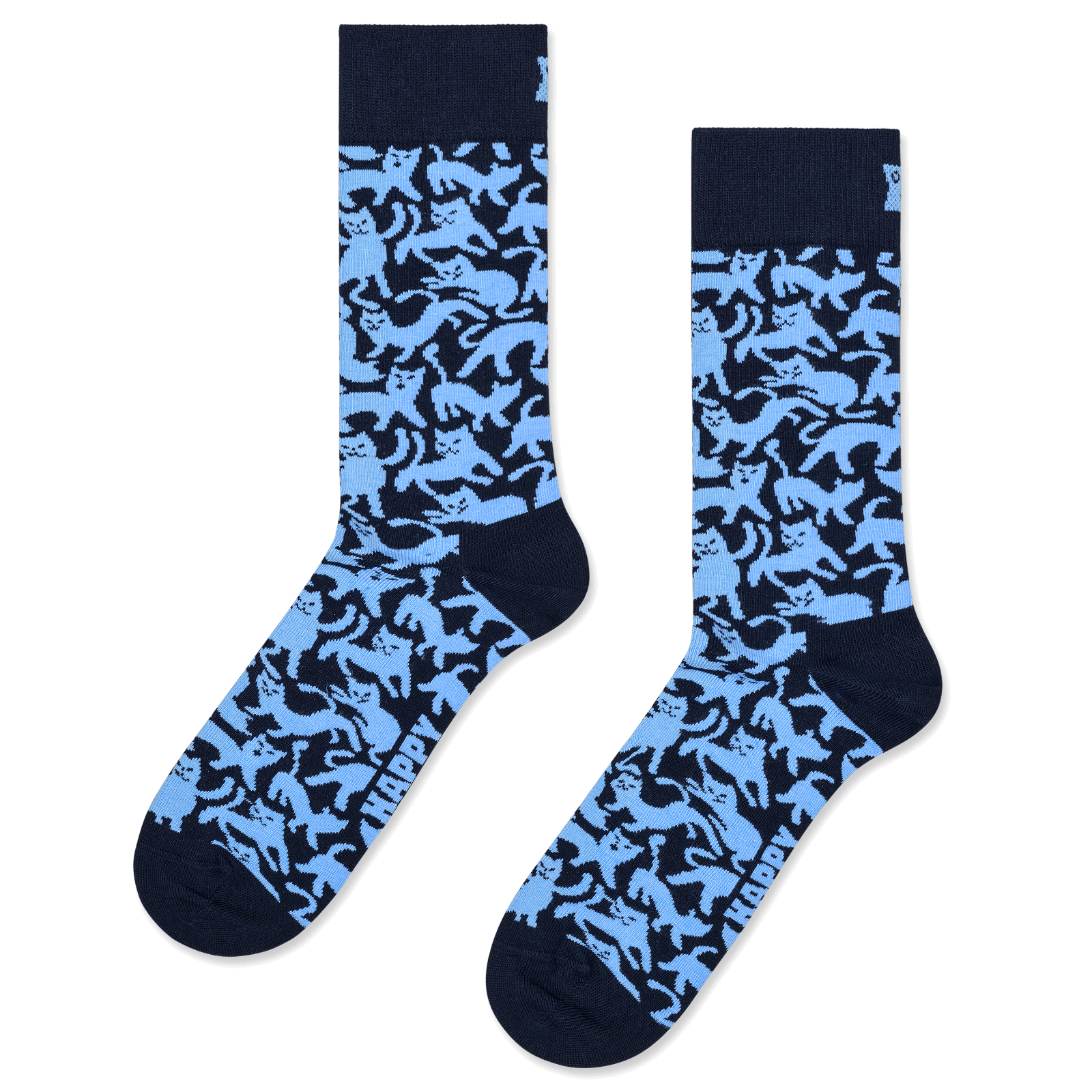 A pair of crew socks featuring a light blue and navy cat pattern, with solid navy cuffs, heels, and toes, displayed against a plain white background.