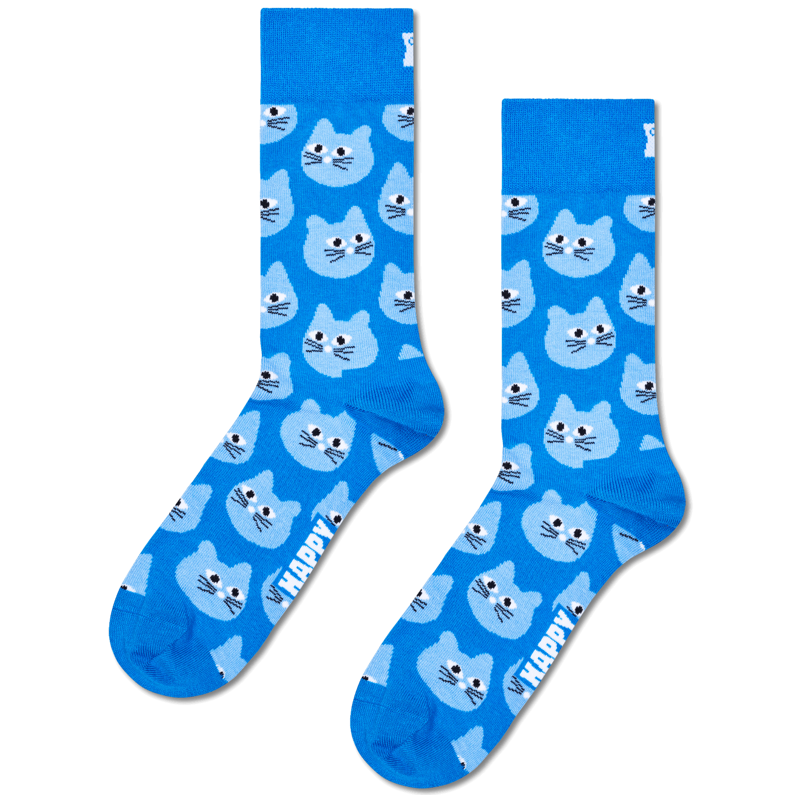 A pair of bright blue crew socks featuring a repeating pattern of light blue cartoon cat faces and the word 'HAPPY' printed near the foot, shown on a plain white background.