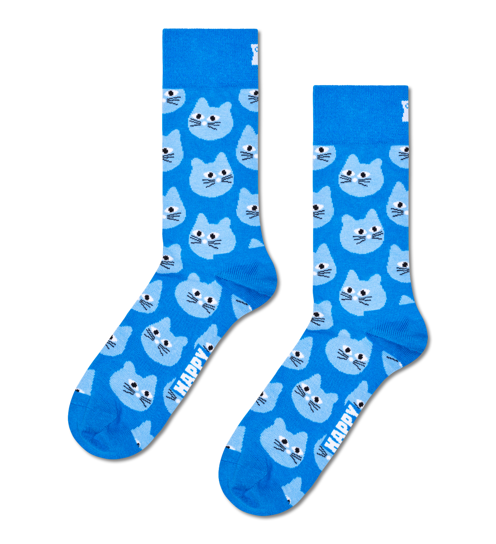 A pair of bright blue crew socks featuring a repeating pattern of light blue cartoon cat faces and the word 'HAPPY' printed near the foot, shown on a plain white background.