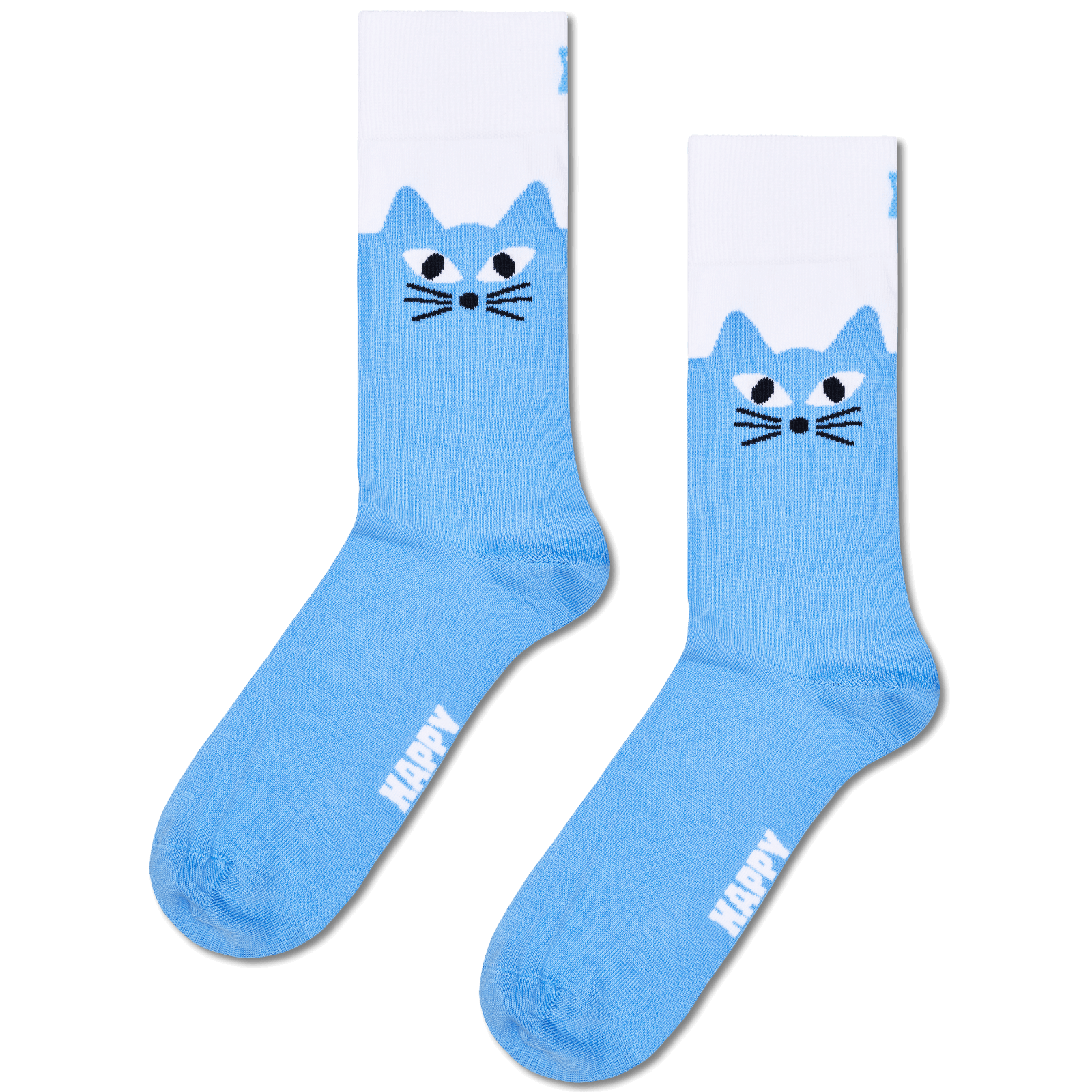 A pair of light blue crew socks with a white cuff, featuring a cartoon cat face design and the word 'HAPPY' printed on the sole.
