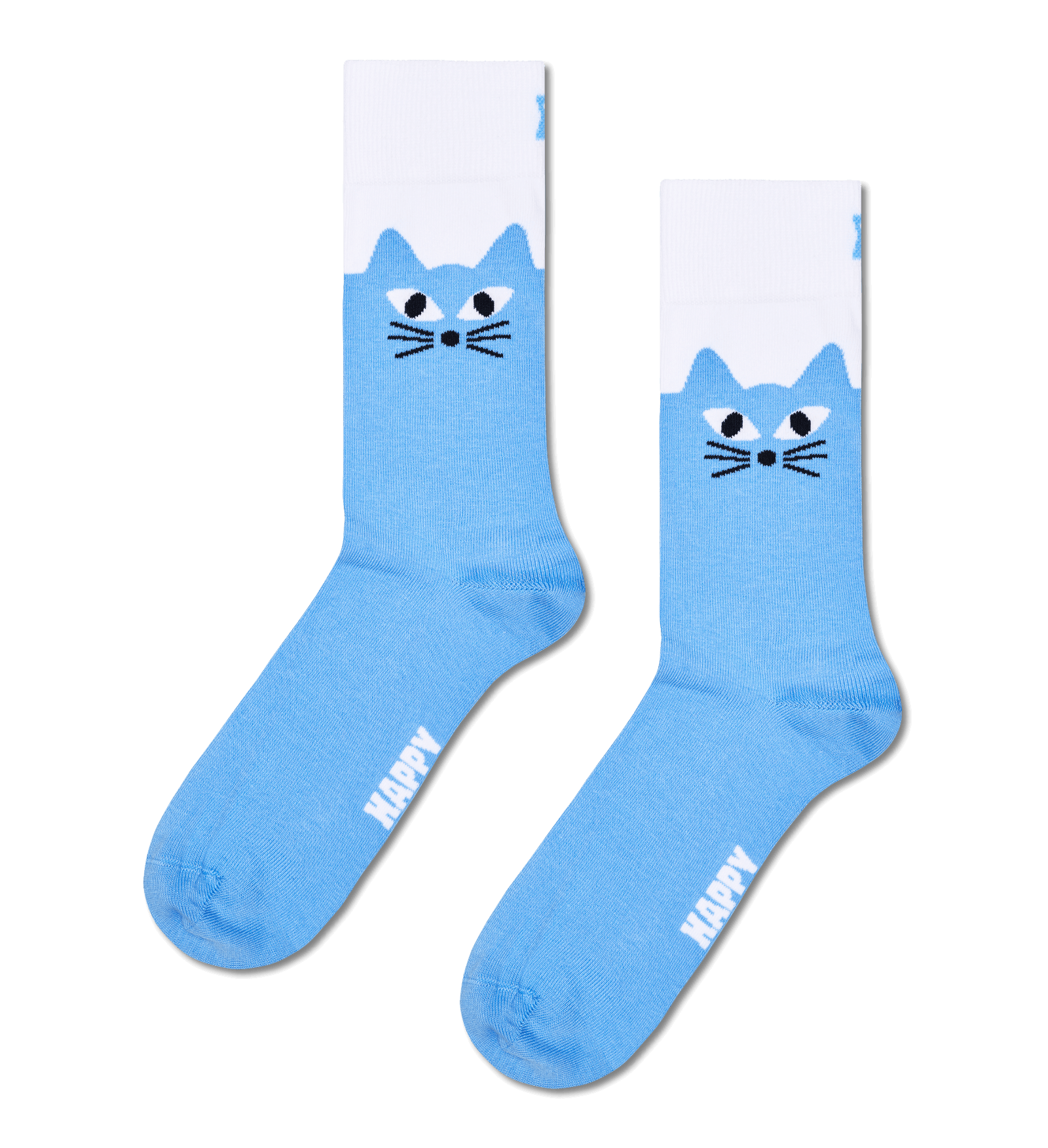 A pair of light blue crew socks with a white cuff, featuring a cartoon cat face design and the word 'HAPPY' printed on the sole.