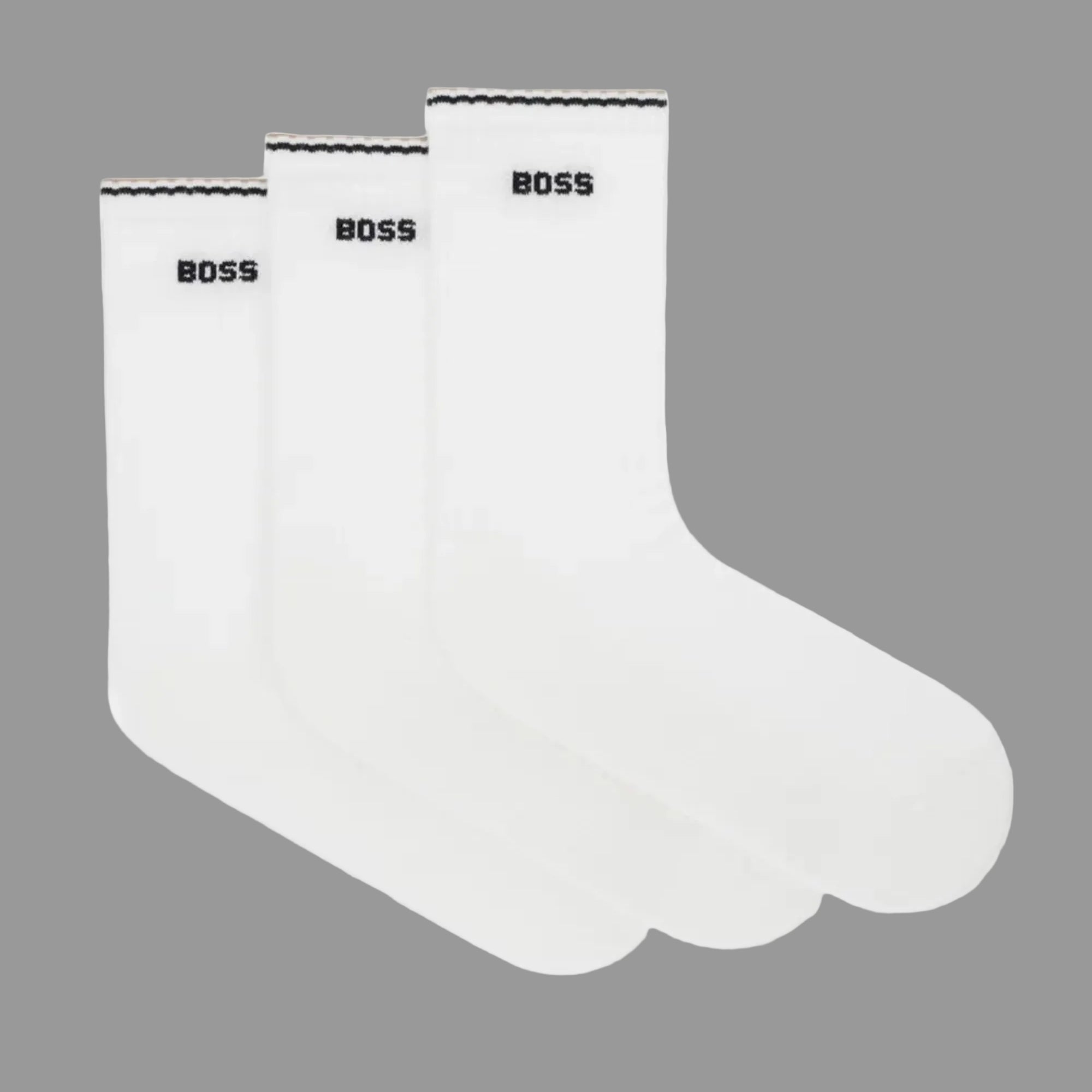 Two white t-shirts with 'BOSS' branding on a light gray background