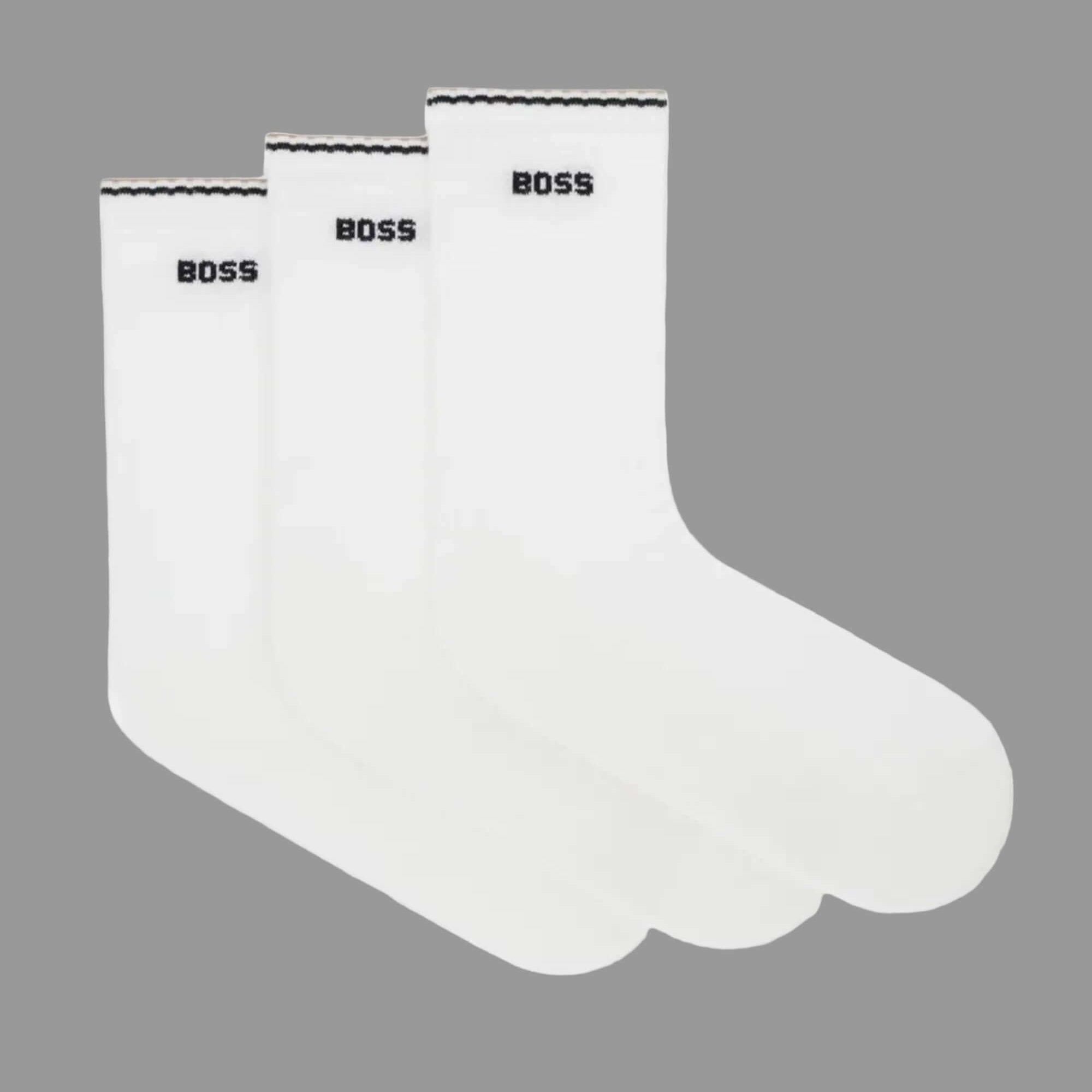 Two white t-shirts with 'BOSS' branding on a light gray background