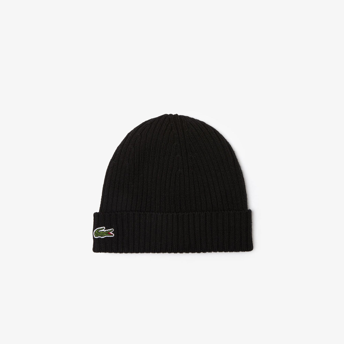 Lacoste RB0001 black rib knit wool beanie hat front flat lay