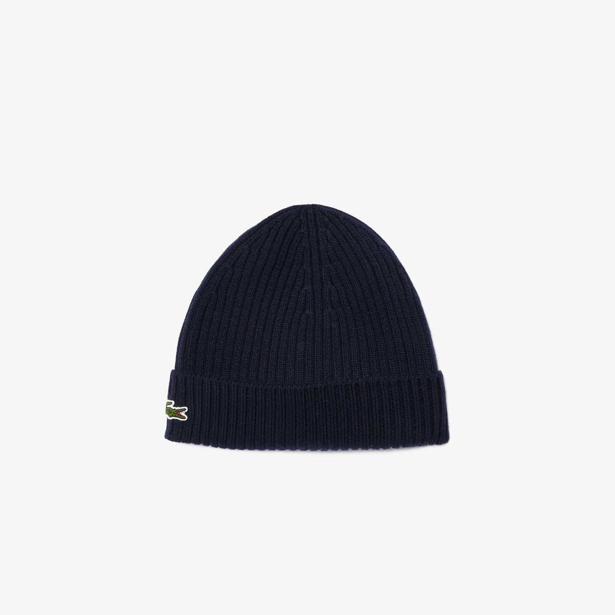 Lacoste RB0001 navy blue brushed wool ribbed beanie front