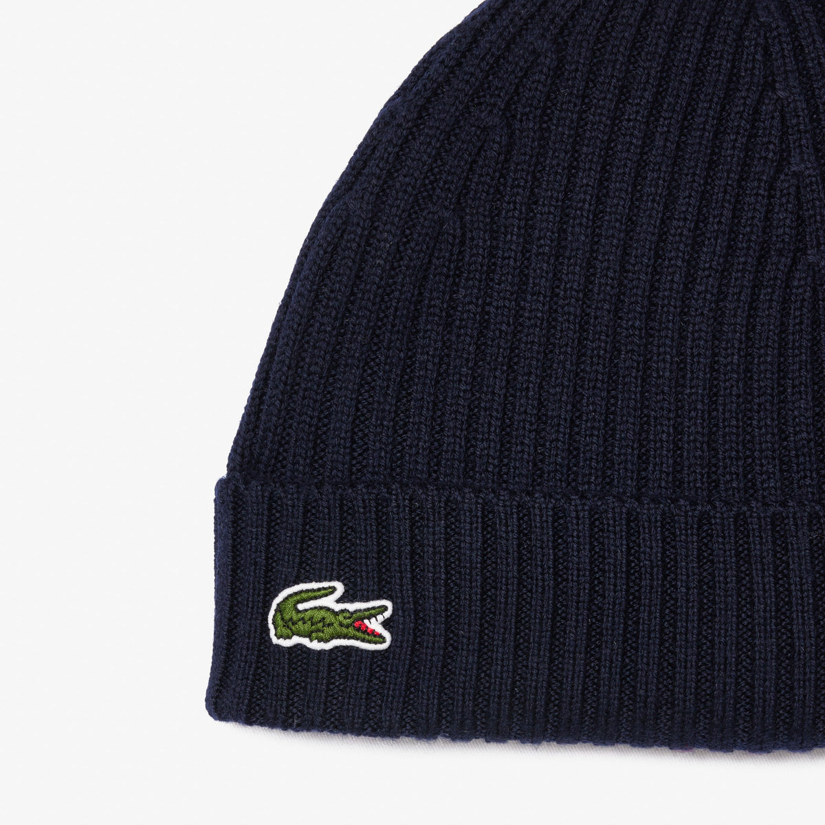 Lacoste navy RB0001 wool beanie logo and rib knit texture
