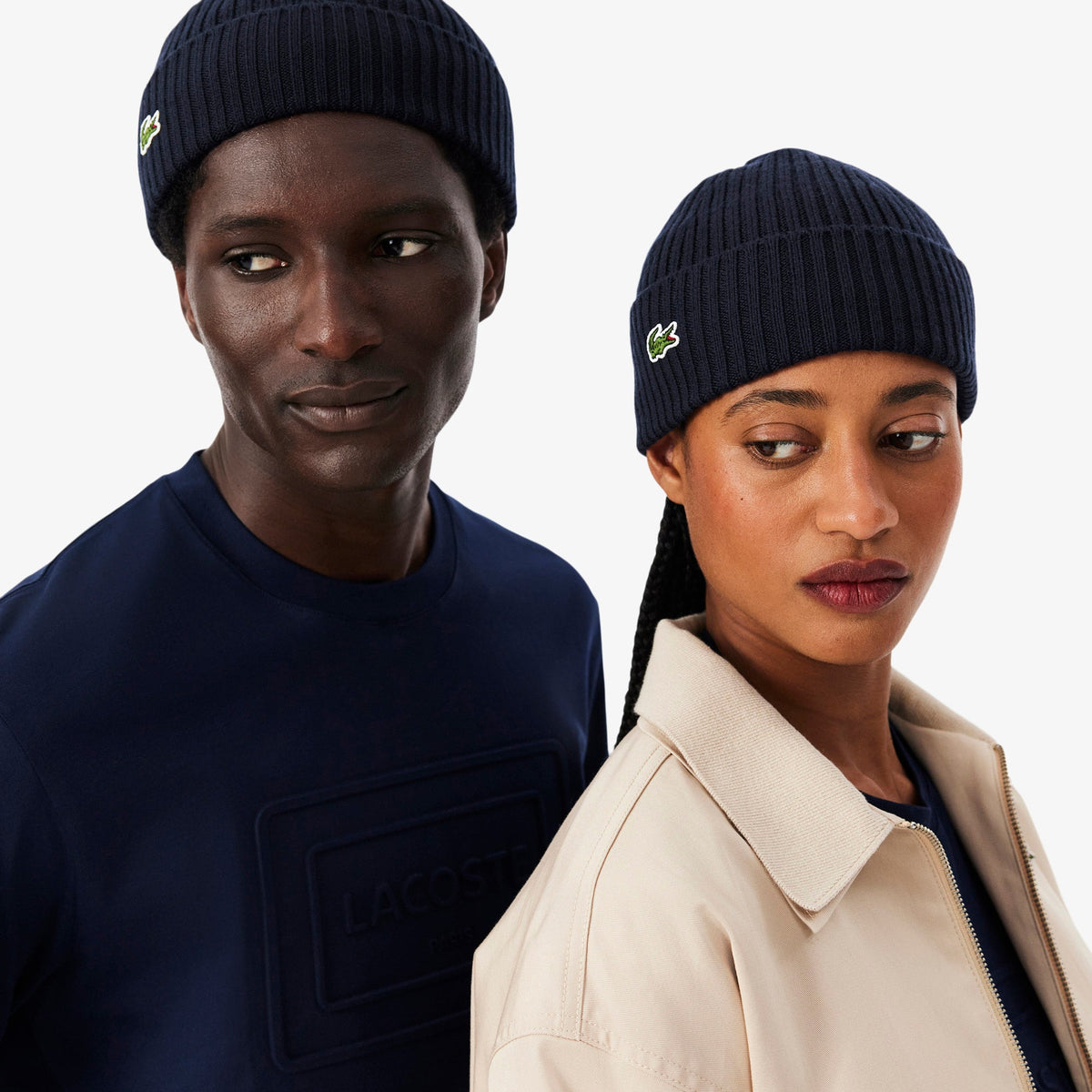 Models wearing Lacoste navy blue beanie hat