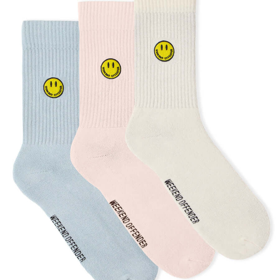 Weekend Offender Smiley 3 Pack Sports Socks Pink/Blue/Cream