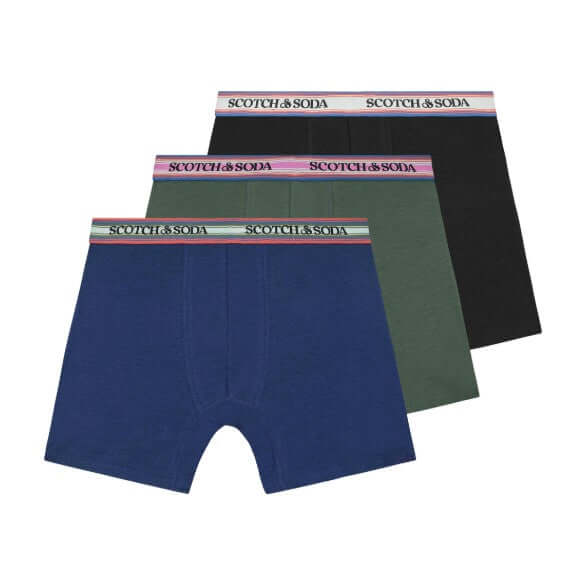 Scotch & Soda Men's 3 Pack Cotton Stretch Boxer Briefs – Green / Black / Navy