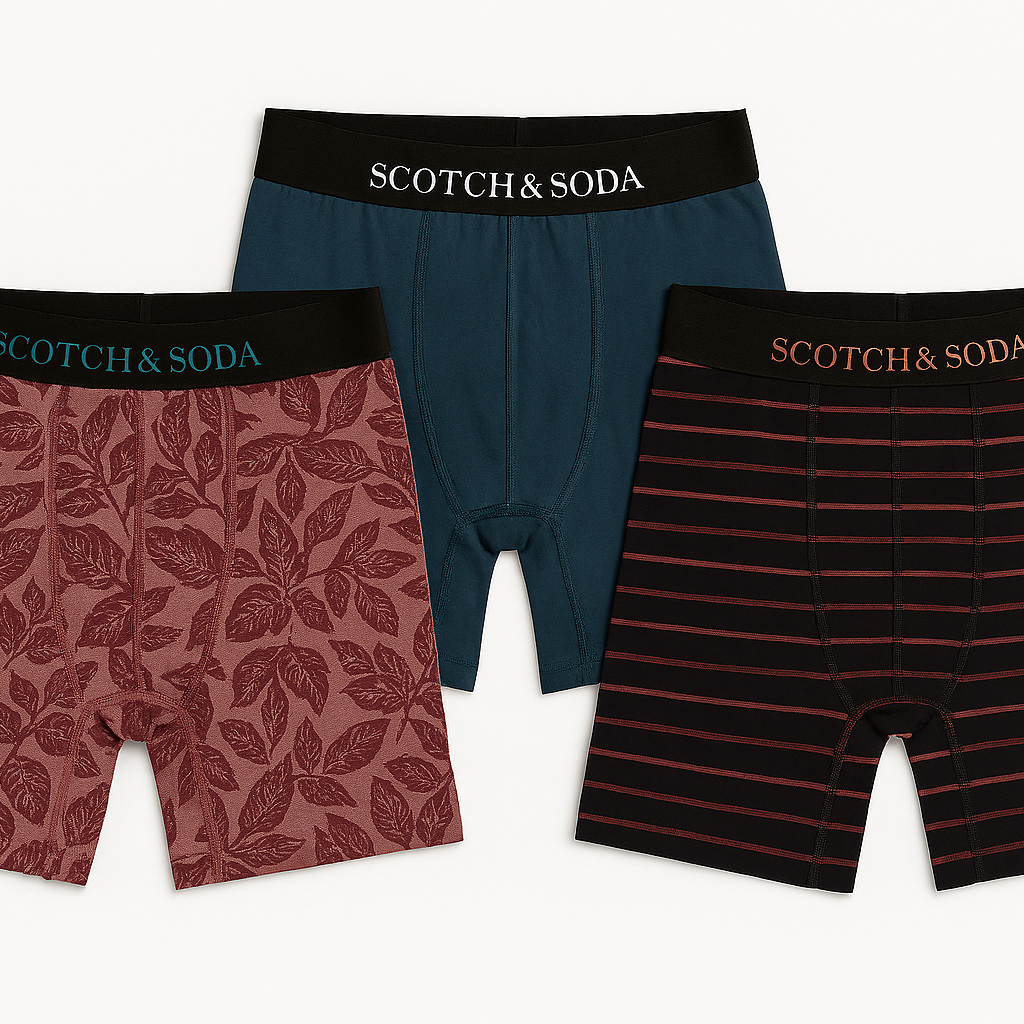 Three pairs of Scotch & Soda boxer briefs in different patterns on a white background.