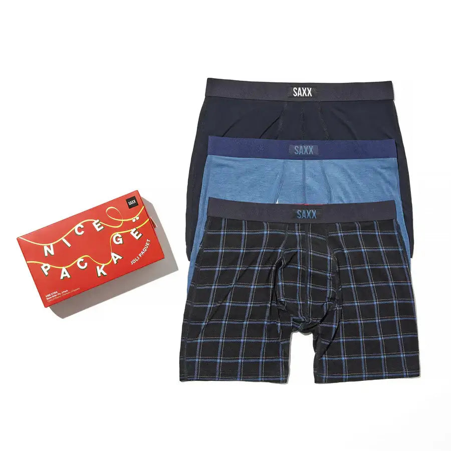 Saxx Underwear Vibe Xtra (3 Pack) Soft Comfort Boxer Brief 6" - Windowpane/Dark Denim/Black