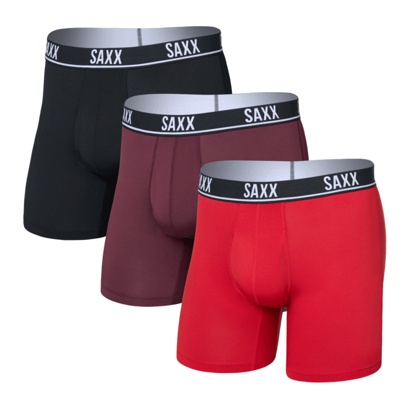 SAXX Essential Performance 3 Pack Boxer Briefs with Fly – Red/Maroon/Black