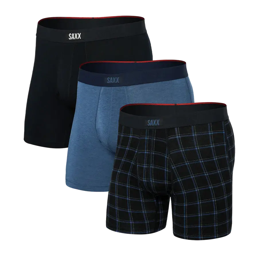 Saxx Underwear Vibe Xtra (3 Pack) Soft Comfort Boxer Brief 6" - Windowpane/Dark Denim/Black