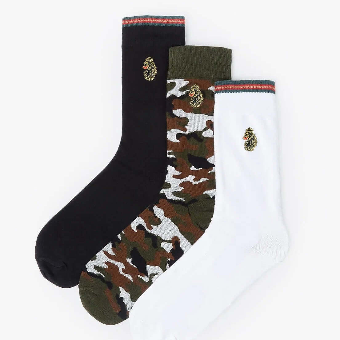 LUKE 3 Pack Tennis Socks – Black, White & Camo Green | Cotton Stretch Sport Socks