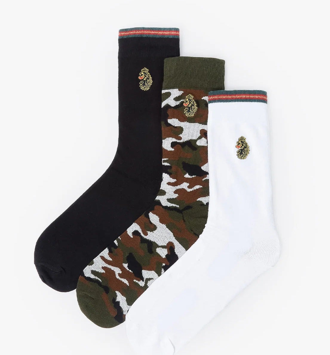 LUKE 3 Pack Tennis Socks – Black, White & Camo Green | Cotton Stretch Sport Socks