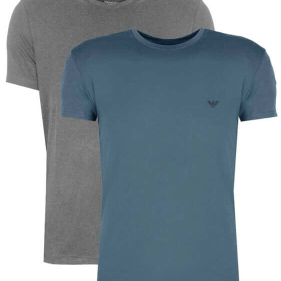 Emporio Armani 2 Pack Lounge Stretch-Cotton Crew T-Shirts - Blue / Grey