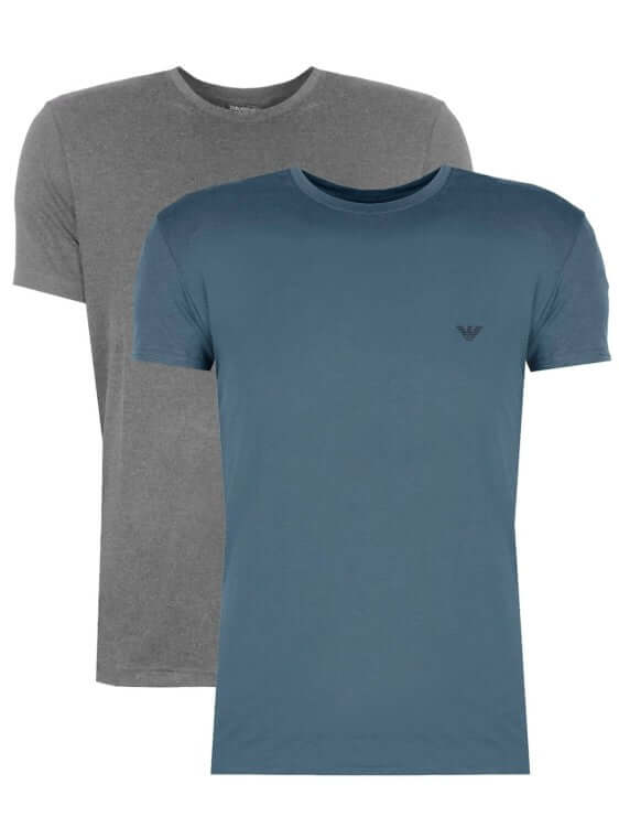 Emporio Armani 2 Pack Lounge Stretch-Cotton Crew T-Shirts - Blue / Grey