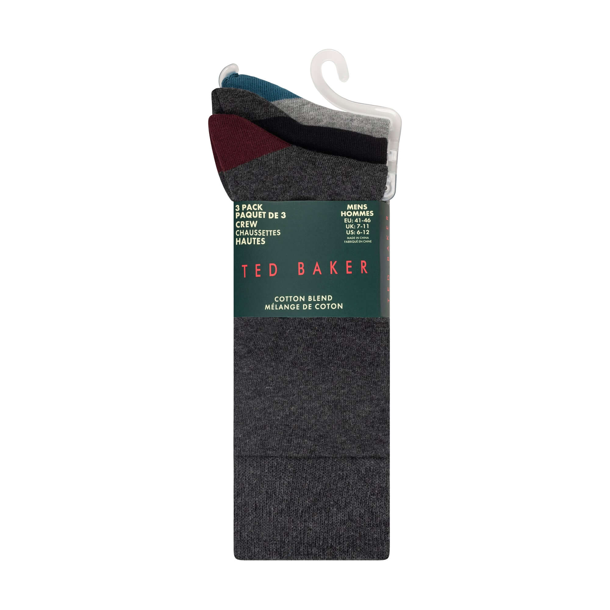 Ted Baker 3 Pack Crew Socks – Cotton Blend, Grey / Charcoal / Black