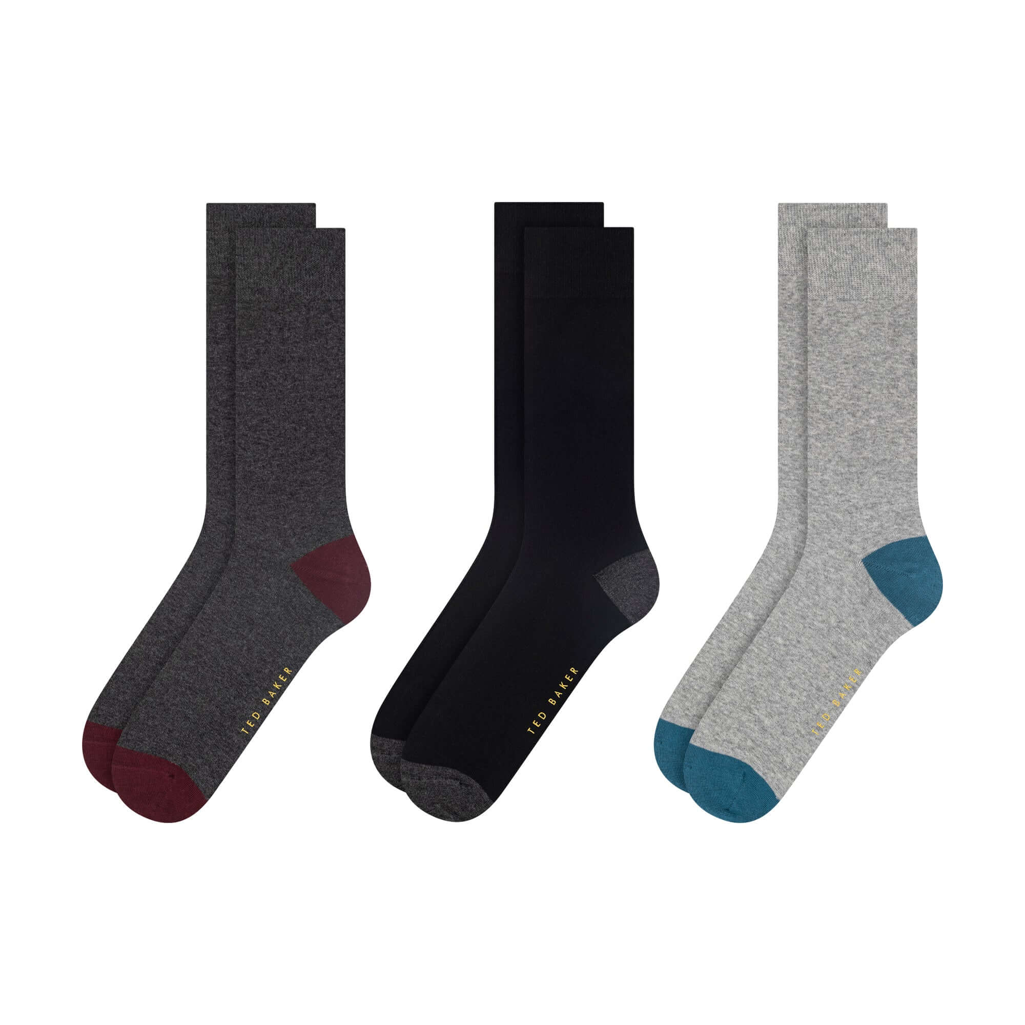 Ted Baker 3 Pack Crew Socks – Cotton Blend, Grey / Charcoal / Black