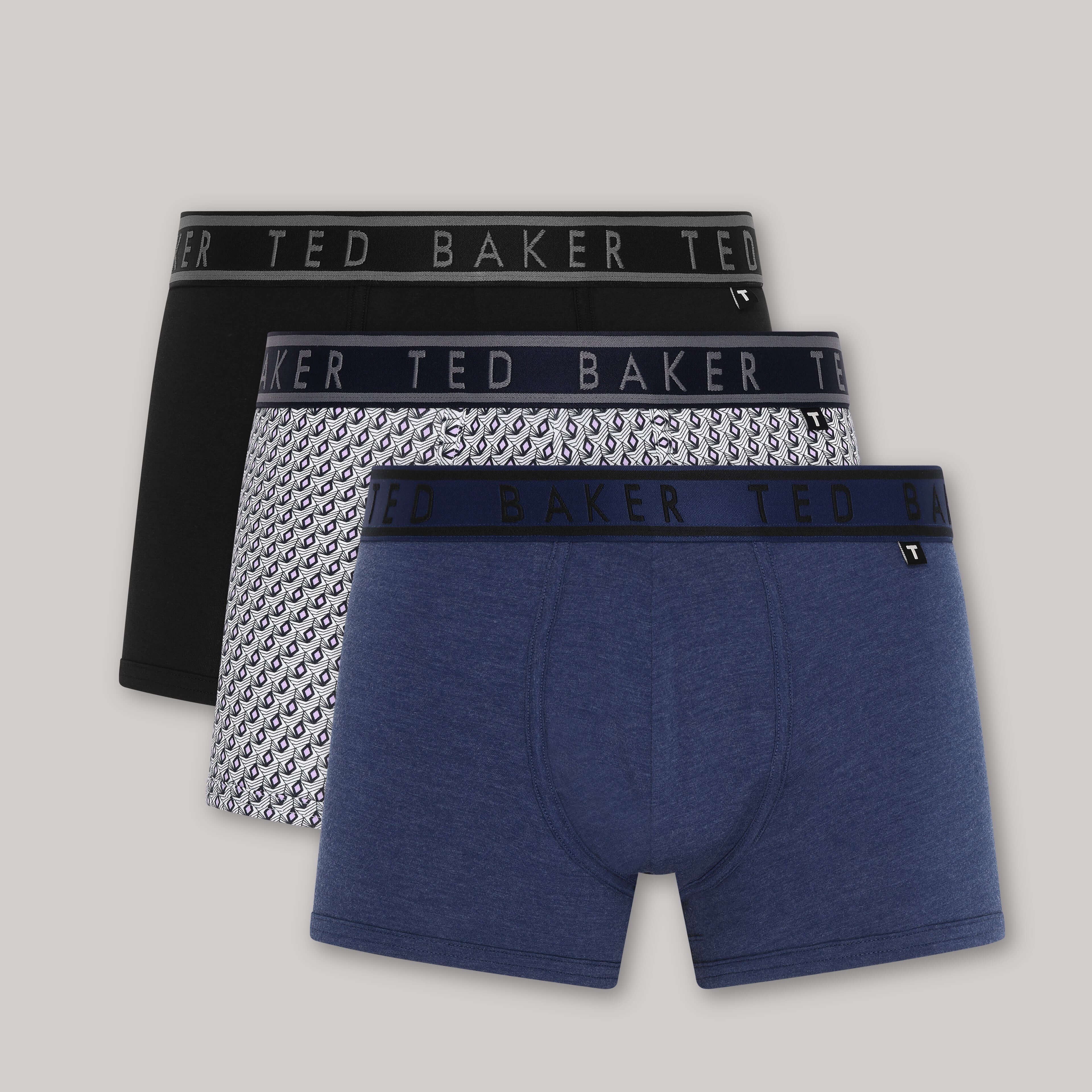 Ted Baker 3 Pack Cotton Stretch Trunks - Blue, Print, Black