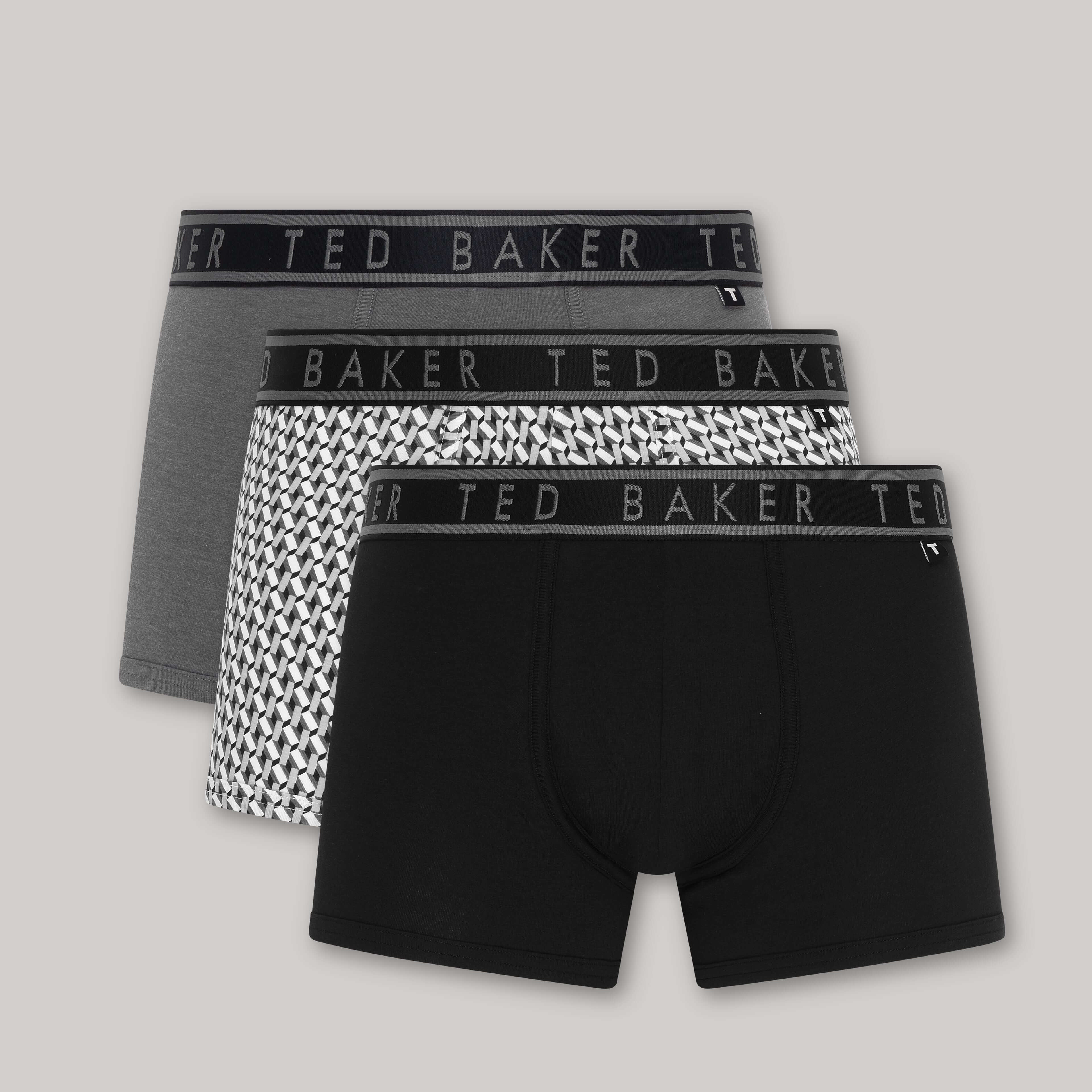 Ted Baker Mens Three Pack Cotton Stretch Trunks - Grey Sangs/Geo Twist/Grey