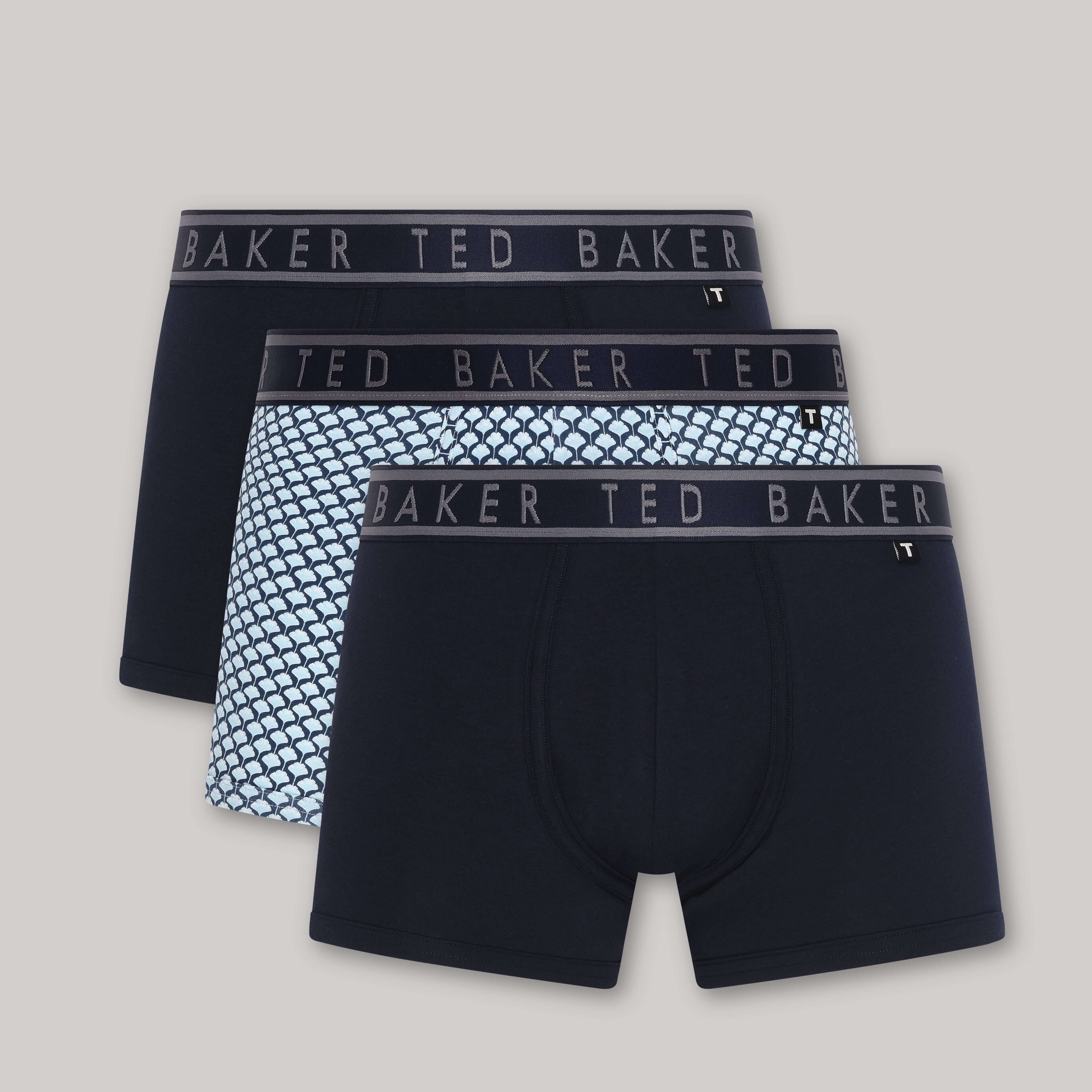 Ted Baker Mens Three Pack Cotton Stretch Trunks - Navy/Ounslo Palm/Geo Blue